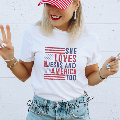 She Loves Jesus & America Too • Faith & Freedom Gildan Softstyle Tee